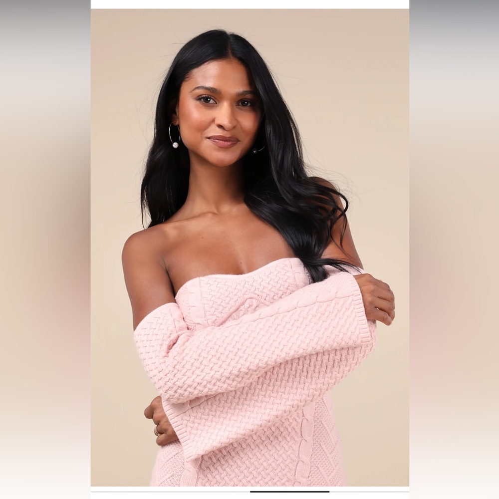 Cuddly Element Light Pink Cable Knit Off-the-Shoulder Midi Dress - Picture 3 of 5